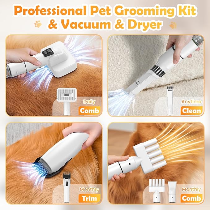 Dog Grooming Vacuum & Dryer & Clippers for Shedding Grooming, 3L Canister for Large Dog, 3 in 1 Grooming Kit for Dogs at Home, Adjustable Temperature and Airflow Pet Grooming Kits.