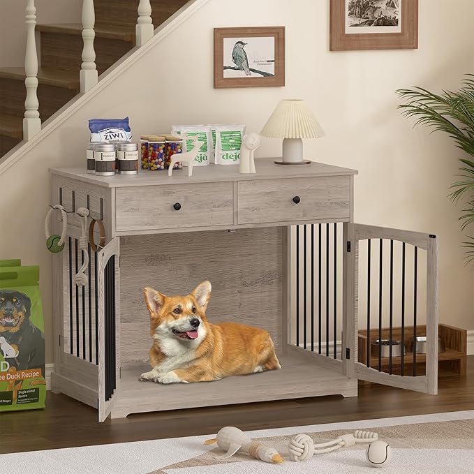 40 Inch Furniture-Style Dog Crate-Multipurpose Wood Pet Crate Furniture with Double Doors,2 Drawers, Decorative Dog House Indoor for Smal/Medium Dogs, Gray Finish