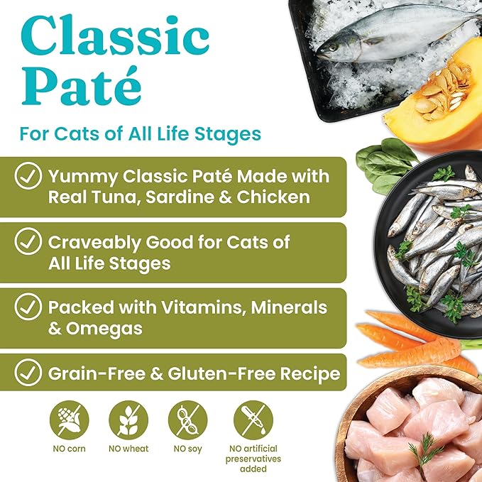 Solid Gold Wet Cat Food Pate - Healthy Canned Cat Food Pate w/Real Tuna & Sardine, Omega Fatty Acids, Vitamins & Minerals - Grain Free & Gluten Free Can Meals for Cats & Kittens - 24ct/3oz Can