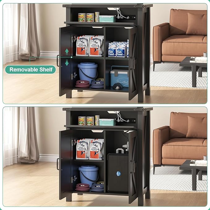 20 Gallon Aquarium Stand With Charging Station, Farmhouse Fish Tank Stand, Reptile Tank Stand Terrarium Stand with Drawer and Cabinet Storage, Sturdy Heavy Duty 27.6"×15.7" Tabletop - Black