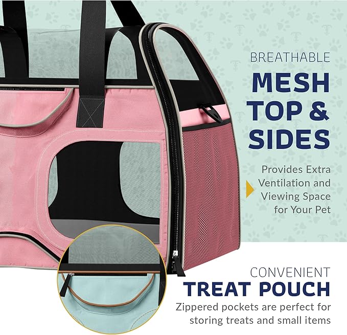 Katziela Pet Carrier - Airline Compliant Dog Carrier - TSA Approved Pet Carrier for Small Dogs and Cats - Soft FAA Travel Airplane Dog Carrier Luggage (Pink/White-6 Wheels)