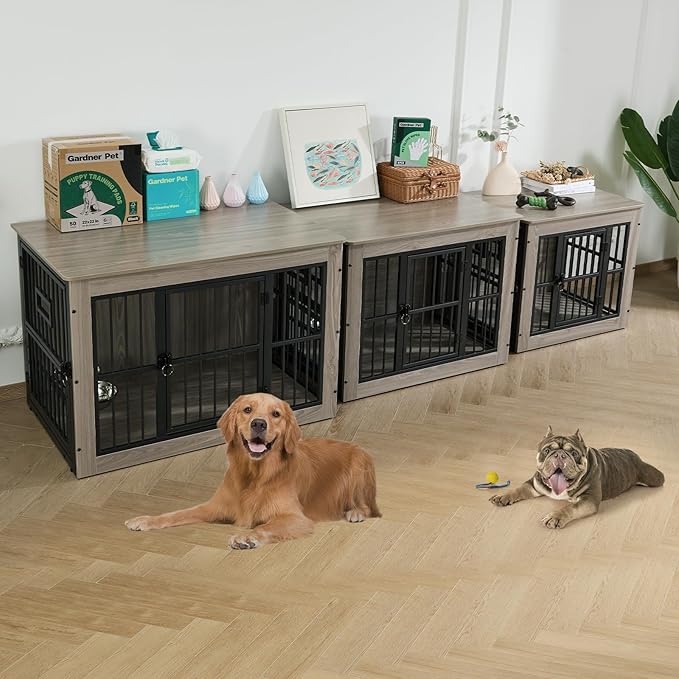 Gardner Pet Dog Crate Furniture for Medium Dogs, 32.7 Inch Dog Kennel Indoor, Wooden Dog Cage End Table with 2 Removable Bowls, Heavy Duty Dog Crate, Rustic Grey
