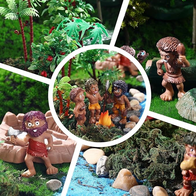 27 Pcs Primitive Man Figurines Kit, Include Diorama Supplies Mini People Figures Mixed Model Trees Stone Sand for Diorama Box Educational School Project Gift