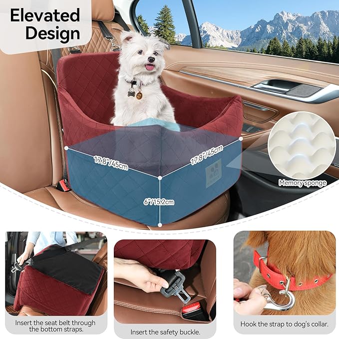 Dog Car Seat for Small/Medium Dogs, Dog Booster Car Seats with Thick Cushion for Dogs Under 35lbs, Detachable Washable Pet Car Seat with Storage Pockets, 2 Safety Belts(Red)