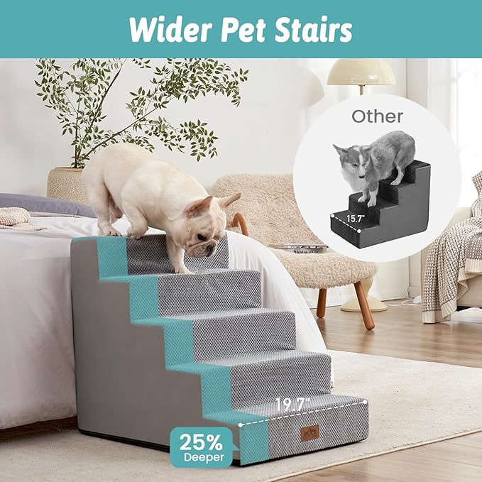 Dog Stairs for Small Dogs, 5 Tier Wider Pet Stairs for High Beds, 23.6" H Non-Slip Dog Steps for Old Cats, Puppies, Small Medium Dogs, 29.5x19.7x23.6 inch, Grey