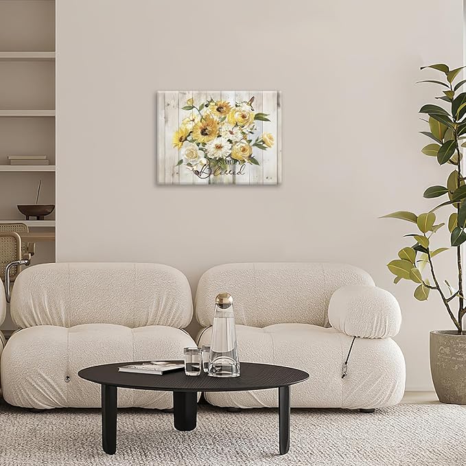 Sunflower Bathroom Pictures Wall Art, Simple Blessed Floral Bathroom Wall Decor, Flower Framed Painting Canvas Artwork for Bedroom Living Room Decorations 20"L x 16"W