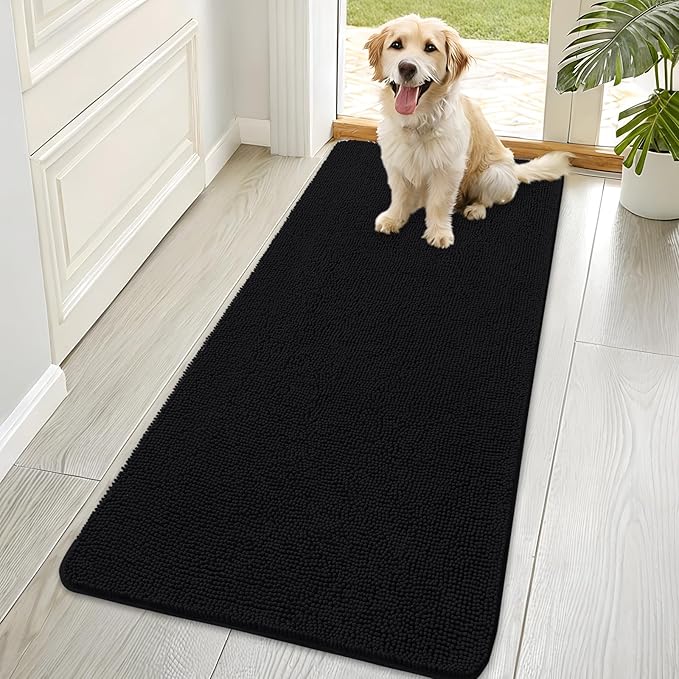 OLANLY Dog Door Mat for Muddy Paws 70x35, Absorbs Moisture and Dirt, Absorbent Non-Slip Washable Doormat, Quick Dry Chenille Mud Mat for Dogs, Entry Indoor Entryway Carpet for Inside Floor, Black