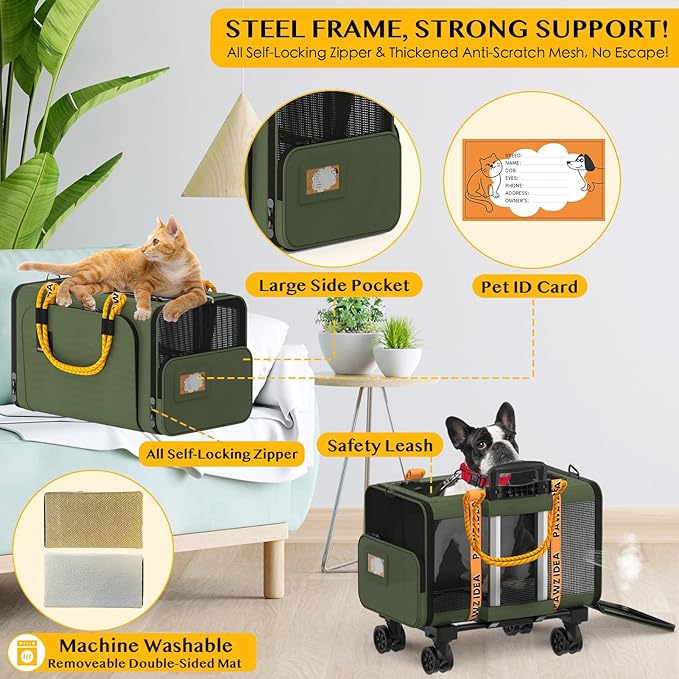 PAWZIDEA Expandable Pet Carrier with Wheels, 18X11X11 TSA Airline Approved Cat Carrier w/ID Card for 2 Cats, Small Dog Carrier Car Seat Travel Bag, Max Weight Recommendation 18 lbs，Green