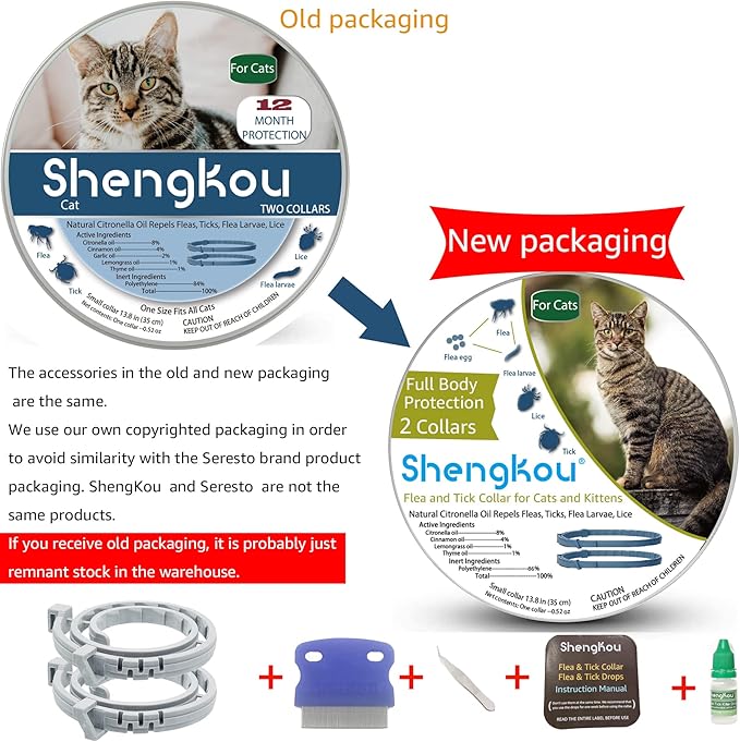 Flea and Tick Collar for Cats, Natural Plant-Based Ingredients for Treatment and Prevention, Safe and Waterproof, with Free Flea Comb, Tick Tweezer, and Treatment Prevention Drops, 13.8 in (2 Packs)