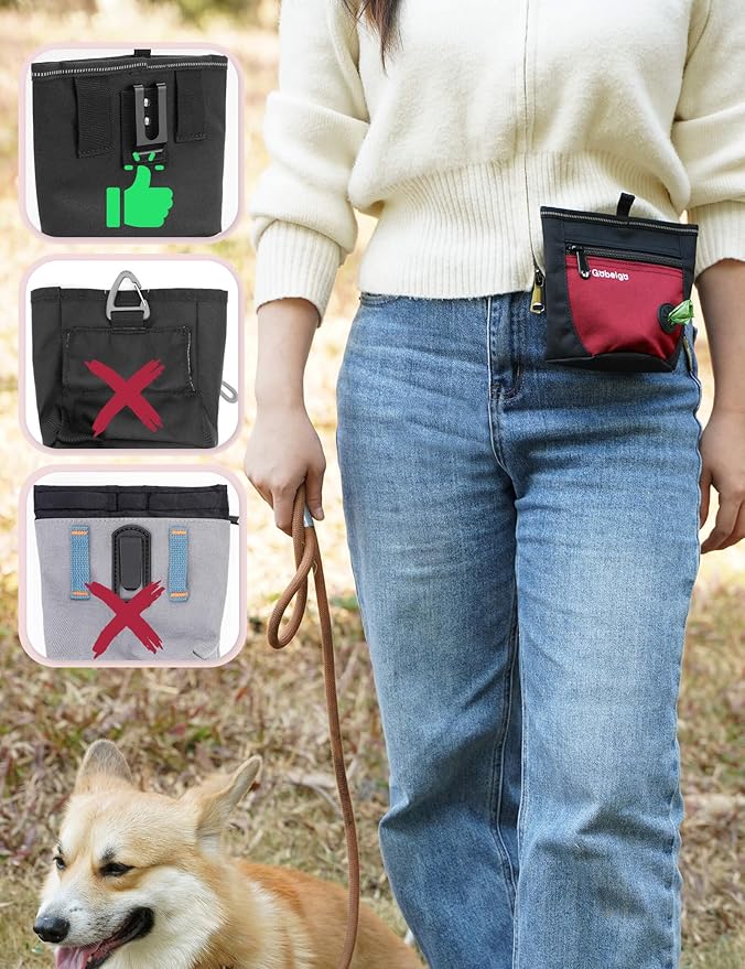 Gobeigo Dog Treat Pouch and Training Clicker, Upgrade Two Magnetic Closure to Prevent Spills, 2 Cup Treat Bag with Poop Bag Dispenser, Metal Clip Waist Belt Fanny Pack for Pet Walking(Black/Red)