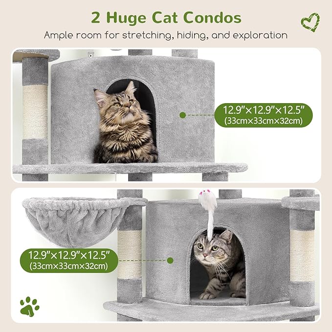 Globlazer Corner Cat Tree for Large Cats, 66inch Tall Curved Series Large Cat Tower for Multiple Indoor Cats with 6 Scratching Posts, 2 Spacious Cat Condos, Hammock, Hanging Basket, C66, Light Grey