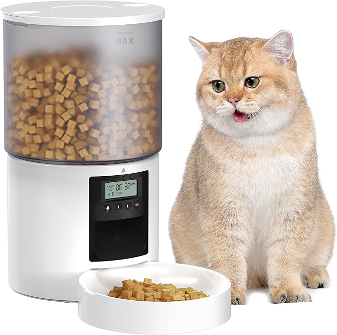 Automatic Cat Feeder Food Dispenser: 4L Timed Small Dog Dry Food Dispenser with 10s Voice - Distributeur Nourriture Chat Hund Programmable - Auto Pet Feeder with 1-6 Meals White