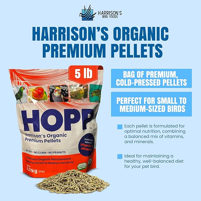 Harrison's Bird Foods HOPP Premium Pellets – Organic, Nutritionally Balanced Food for Small to Medium Pet Birds, Cold-Pressed, Low Fat, Vet-Developed, 5LB