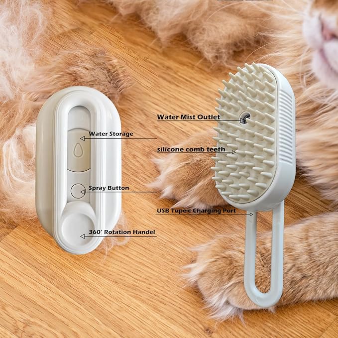 Cat Steam Brushes for Shedding, 4 in 1 Rechargeable Steam Cat Brush for Indoor Cats & Dogs, Grooming Comb with Spray