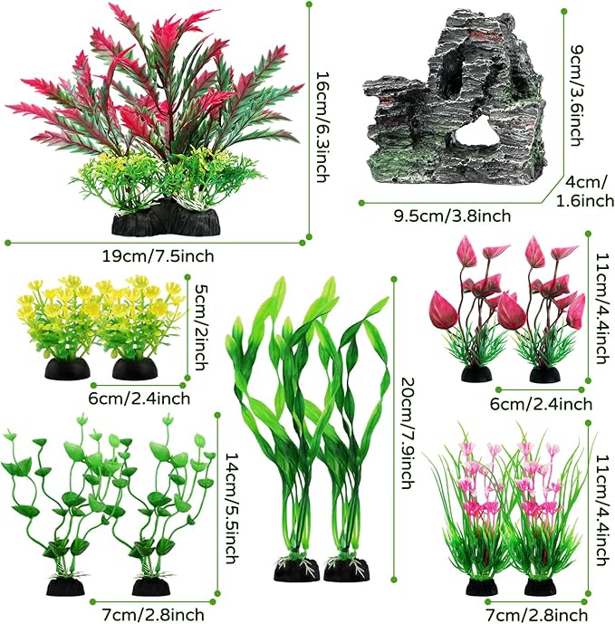 Fish Tank Accessories Aquarium Plants, 12pcs Colorful Fish Tank Artificial Plants and Cave Rock Decor Set, Aquarium Decorations Plants