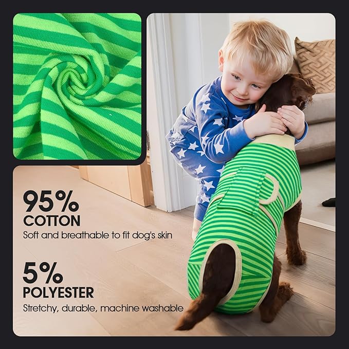FUAMEY Dog Recovery Suit Male,Dogs Surgery Neuter Suits Puppy Spay Shirts for Female Protect Dog's Skin Anti Licking Abdominal Wounds Doggie Onesie Pet Bodysuit Alternative to Cone Green Stripes XXL