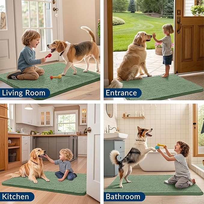 Smiry Dog Door Mat for Muddy Paws 48x30, Absorbs Moisture and Dirt Doormat, Non-Slip Washable Quick Dry Chenille Front Door Mat Indoor Entrance, Entryway Carpet for Inside Floor, Olive Green
