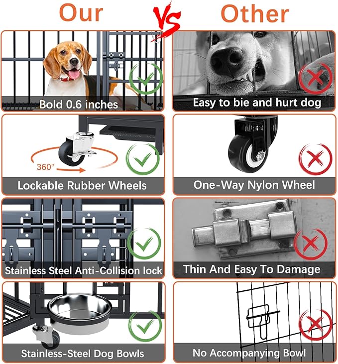 54 inch XL Dog Crate for Large Dog/Double Medium Dogs,Heavy Duty Metal Dog Cages,All Metal Open Top,Dog Kennel Indoor with Wheels,Floor Grid, Tray, Divider and Feeding Bowl