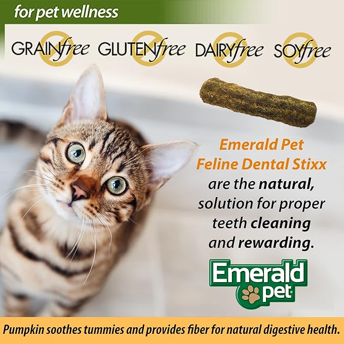 Emerald Pet Feline Dental Stixx — Tasty and Crunchy Cat Dental Sticks with Pumpkin for Digestive Health — Natural Grain Free Dental Treats for Clean Cat Teeth and Fresh Breath — Chicken Stixx, 3.6 oz