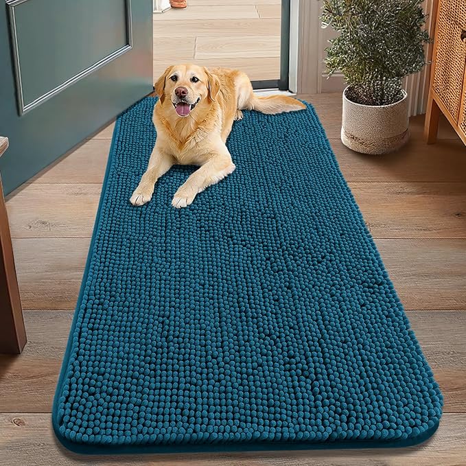 Smiry Dog Door Mat for Muddy Paws 48x30, Absorbs Moisture and Dirt Doormat, Non-Slip Washable Quick Dry Chenille Front Door Mat Indoor Entrance, Entryway Carpet for Inside Floor, Atlantic Blue