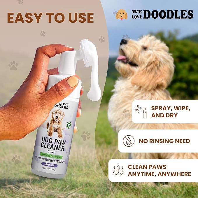 Dog Paw Cleaner (Over 100+ Feet Cleanings) No-Rinse Dog Foot Washer, Gentle and Safe Paw Cleaner for Dogs and Cats, Foam Formula, Moisturizes and Deodorizes, 150mL (Lavender) [We Love Doodles]