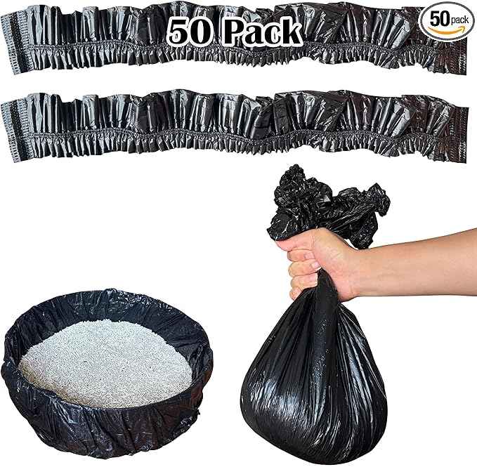 50 Pack Litter Box Liners Compatible with Lifewit Litter Box Cat, Elastic Band Trash Bags for Disposal of Cat Waste, Waterproof and Leak Proof (Black)