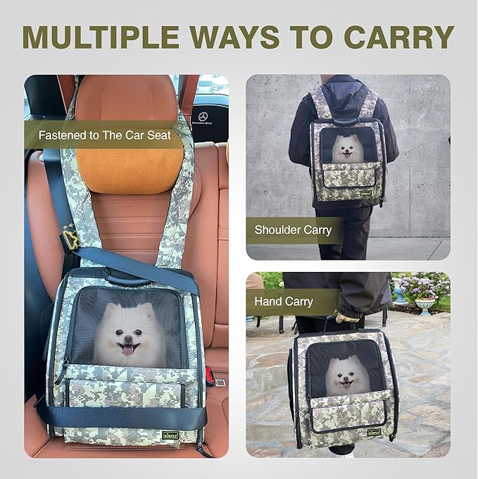 Collapsible Cat Backpack Carrier, Dog Backpack Carrier for Small Dogs Cats Up to 12 Lbs, Three-Sided Breathable Pet Backpack with Soft Padded, Designed for Outdoor and Travel Use, Camo