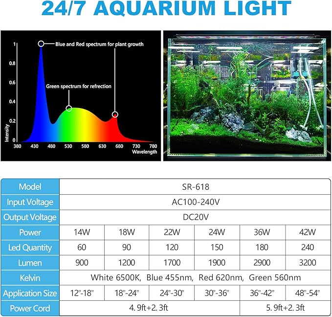 24/7 Mode Led Aquarium Light for Plants Growth-Full Spectrum Fish Tank Light with Timer, Auto On/Off, 7 Colors, Adjustable Brightness, 14W for 12 to 18 Inch Freshwater Tank