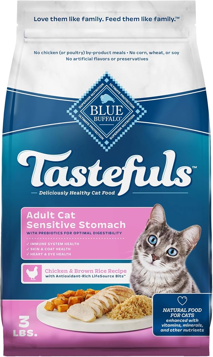 Blue Buffalo Tastefuls Natural Dry Food for Adult Cats, Sensitive Stomach, Chicken & Brown Rice Recipe, 3-lb. Bag