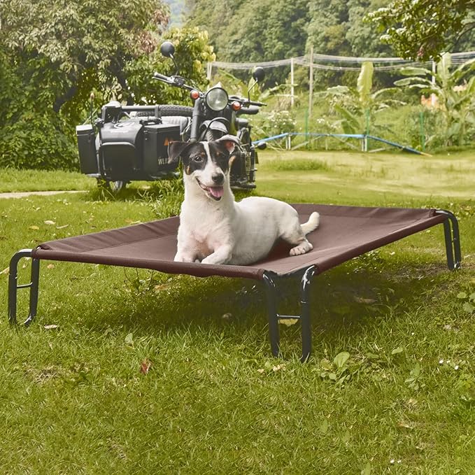 pettycare Elevated Outdoor Dog Bed - Raised Cots Beds for Small Dogs, Waterproof Pet Hommock Easy to Assemble, Cooling with Teslin Mesh, Durable, Non Slip, Indoor & Outdoor, Up to 35 lbs, Brown
