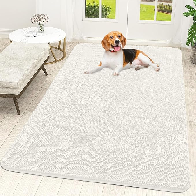 OLANLY Dog Door Mat for Muddy Paws 70x46, Absorbs Moisture and Dirt, Absorbent Non-Slip Washable Doormat, Quick Dry Chenille Mud Mat for Dogs, Entry Indoor Entryway Carpet for Inside Floor, Ivory