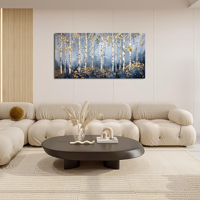 Large White Birch Wall Art Forest Golden Leaves Canvas Living Room Nature Landscape Pictures Framed Prints Oversize Wall Decor Painting Artwork for Bedroom Dining Home 60"x30"