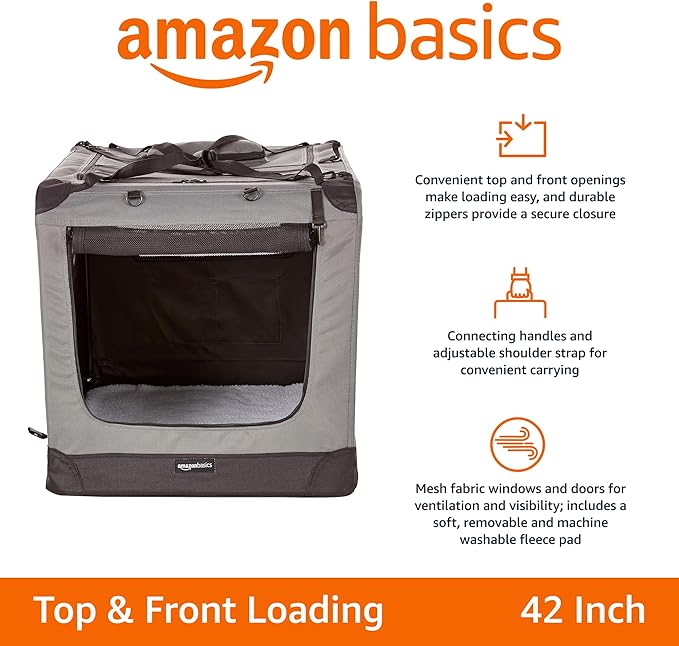 Amazon Basics Folding Portable Soft Pet Dog Crate Carrier Kennel, 42 x 31 x 31 inches, Grey