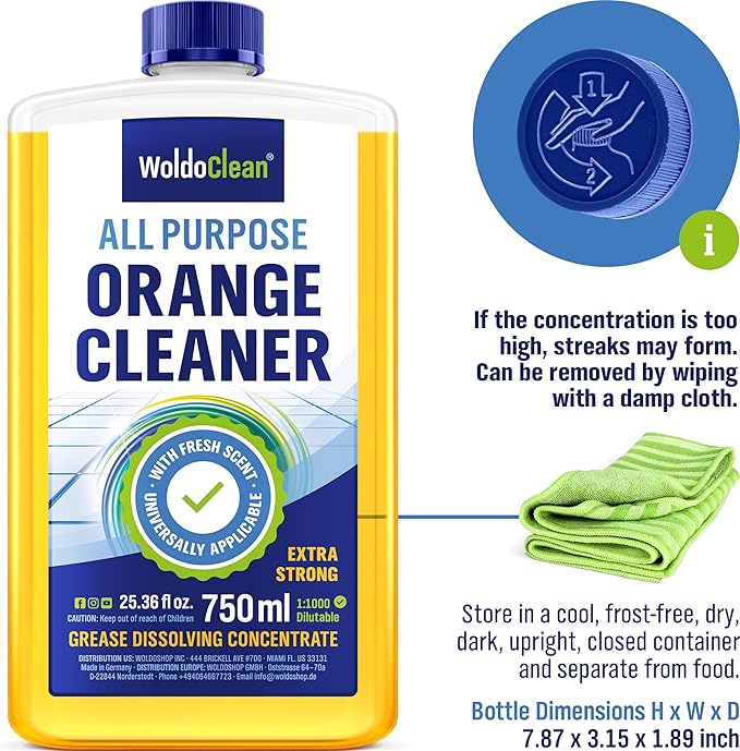 Orange Oil Cleaner Concentrated 25.36 fl oz (1 : 1000) - makes up to 200 Gallons Multi-Use Adhesive & Grease Remover, Custom-Dilution Citrus Degreaser for Floors, Kitchen & Bath