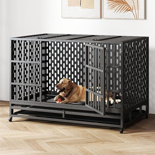 48/42 Inch Heavy Duty Indestructible Dog Crate Steel Escape Proof, Indoor Double Door High Anxiety Cage, Kennel with Wheels, Removable Tray, Extra Large XL XXL