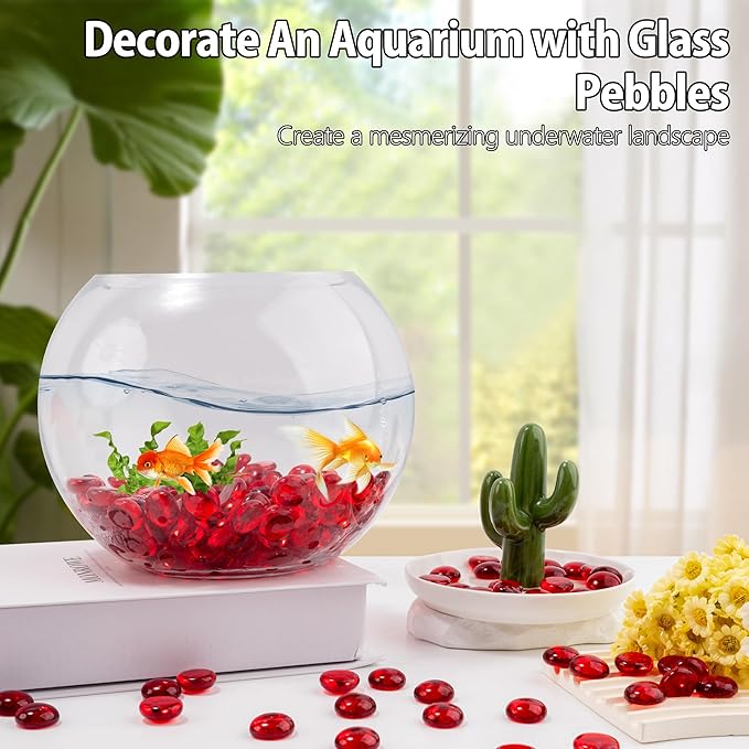 1LB Red Glass Marbles, Transparent and Smooth Flat Glass Beads for Vases, Mosaic Gem Pebbles for Aquarium Decor, Floral Arrangements, Mancala Stones, Vase Filler and Crafts (Approx. 80-100 PCS)