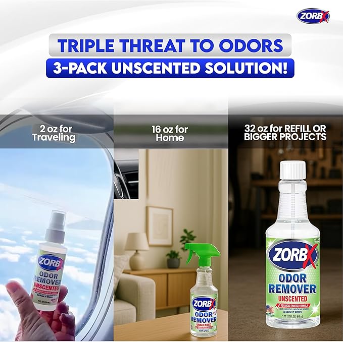 ZORBX Unscented Multipurpose Odor Eliminator Value Pack 2 Oz + 16 Oz + 32 Oz - Used in Hospitals & Healthcare Facilities - Advanced Trusted Formula - Perfect Bundle to Get Rid of Unpleasant Odors