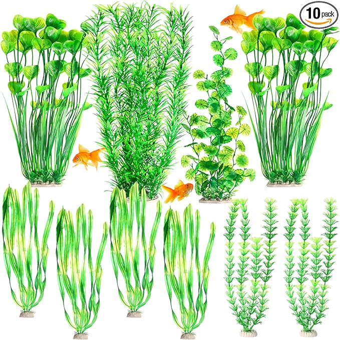 10 Pcs Large Aquarium Artificial Plants Decorations, Tall Plastic Fish Tank Plant Decorations for Household and Office Aquarium (Green)