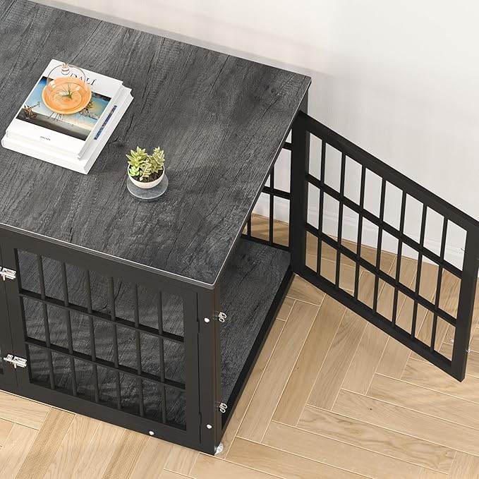 48 Inch Heavy Duty Dog Crate Furniture for Large Dogs, Decorative Pet House End Table, Extra Large Wooden Cage Kennel Furniture Indoor, Black and Gray