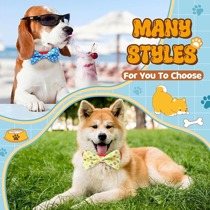Hillban 50 Pieces Paw Print Dog Collar Bow Ties Colorful Paw Print Dog Collar Accessories Bow Ties Attachment with Elastic Bands Detachable Charms for Pets Collar Accessories Daily Costume