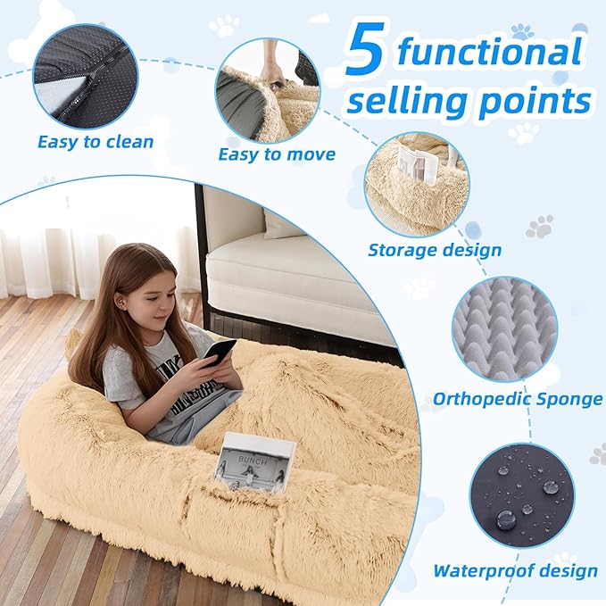 Human Dog Bed for Adults & Pets, 63"x32"x10" XL Faux Fur Nap Bed with Pillow, Blanket & Strap, Orthopedic Washable Lounger for Sleeping, Relaxing, Cuddling – Beige