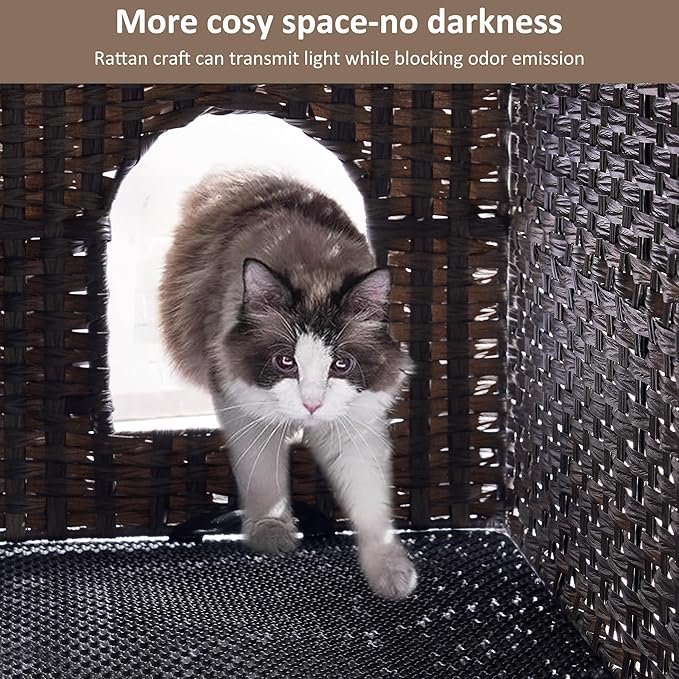 Cat Litter Box Enclosure with Litter Trapping Mat; Handwoven Plastic Rattan Kitten House; No Installation Hidden Cat Washroom; Pet Crate for Balcony,Bedroom,Living Room