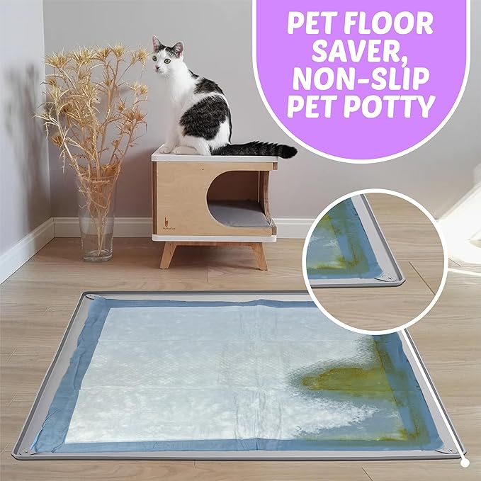 TidyFriend Dog Pee Pad Holder Tray Fits for 30” x 36” Pee Pads with Corner Lock Holes, Raised Edges, Non-Spill, Easy to Clean Silicone Dog Potty Tray Holder, for Indoor Floor Protection (Light Grey)