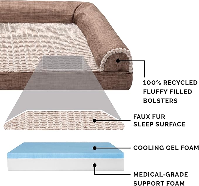 Furhaven Cooling Gel Dog Bed for Large/Medium Dogs w/ Removable Bolsters & Washable Cover, For Dogs Up to 55 lbs - Luxe Faux Fur & Performance Linen Sofa - Woodsmoke, Large