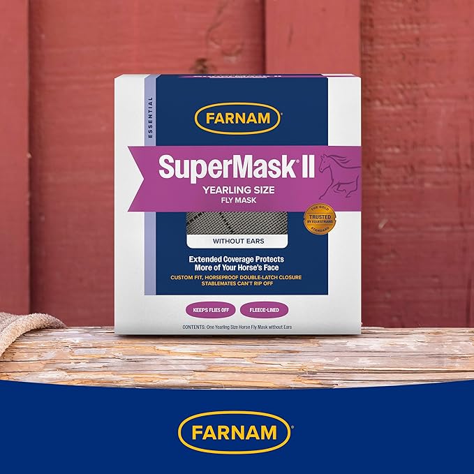 Farnam SuperMask II horse fly mask without ears, extended coverage, protects eyes from insects and debris, adjustable throat latch, Yearling size