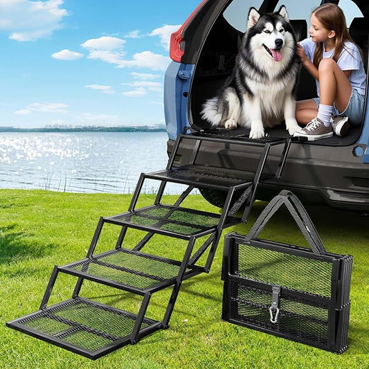 Dog Stairs for Large Dogs, Linvivon Extra Wide 20" Dog Steps with Non-Slip Surface and Reflective Strips, Outdoor Foldable Dog Ramp for Stairs, Car, Truck and SUV, Supports Up to 400LBS, 5 Steps