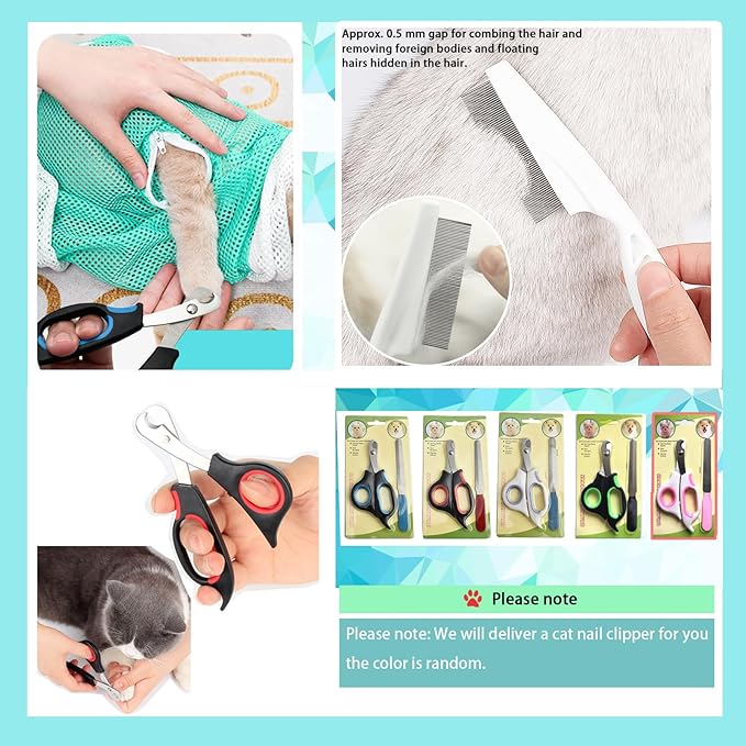 Adjustable Multifunctional Anti-Bite Shower net Bag，Cat Grooming Mesh Bag, Cat Bathing Bag，Cat Bath Brush and Cat Nail Clipper