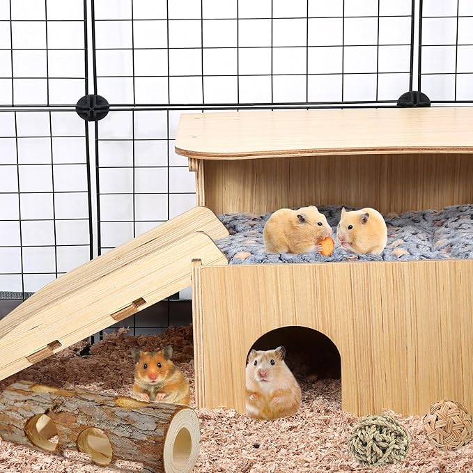 Wooden Guinea Pig Castle Hideout,Enlarged Guinea Pig Castle,Wooden Hamster House with Stairs & Mat,Long-Lasting Small Pet Bed for Piggies Chinchilla Rat Hamster Bunny