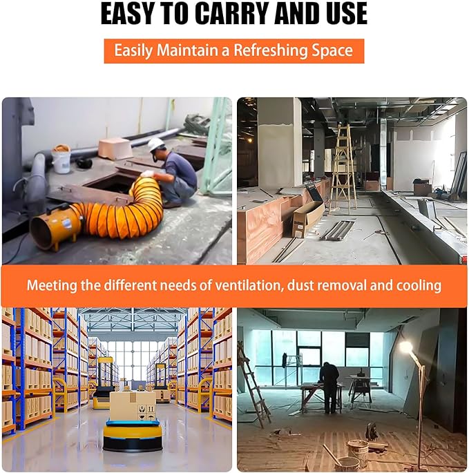 10-Inch High-Velocity Portable Utility Blower Fan, Industrial Exhaust Fan with 16.4ft Flexible Duct Hose, 3150 RPM Low-Noise Ventilator for Basements, Workshops, Warehouses, and Confined Spaces