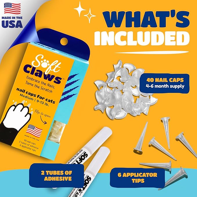 Soft Claws Cat Nail Caps for Medium Cats – (40 Caps, Blue) - Made in USA - Veterinarian-Developed | Protects Furniture & Skin - Easy to Apply, Long-Lasting Anti-Scratch Soft Cat Claw Covers